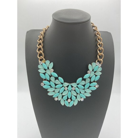 Gold Tone Chain Necklace With Turquoise & Clear Rhinestone Flower Pendant - Picture 1 of 5